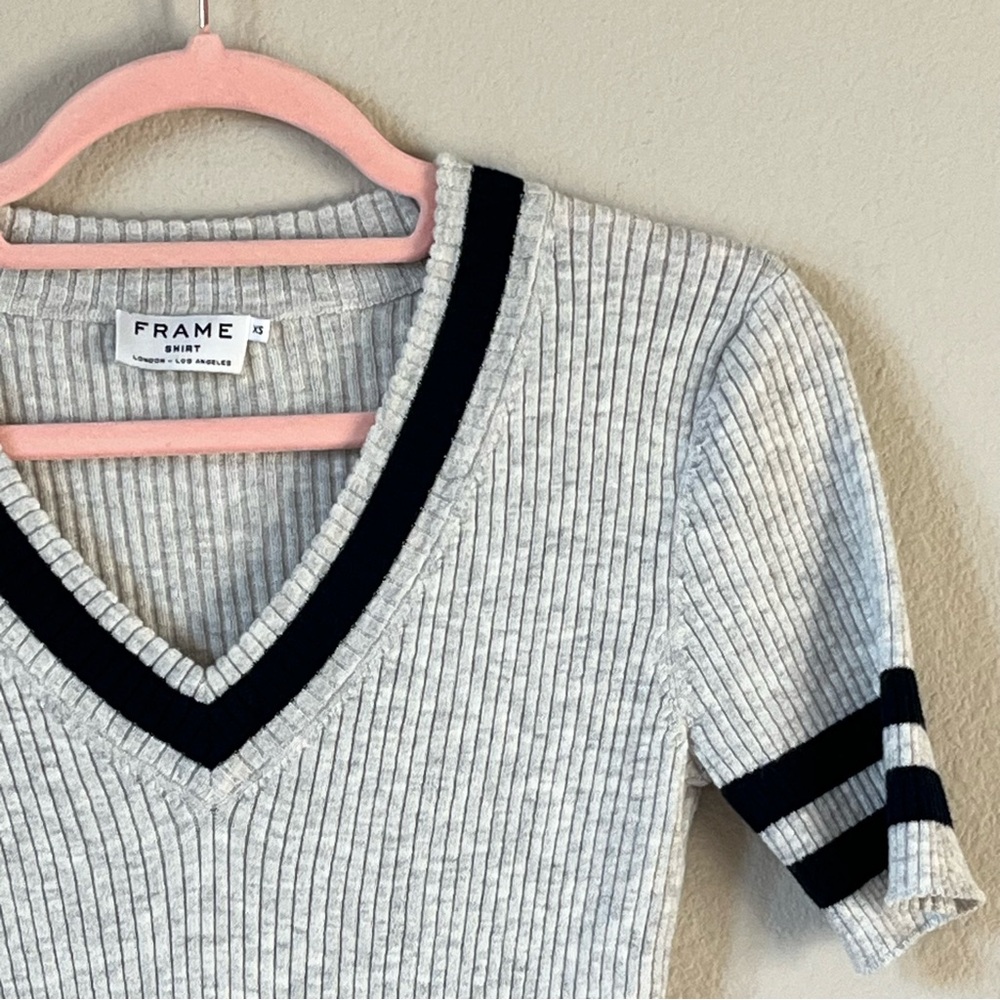 Frame Shirt Gray V-Neck Sweater Blue Stripes Preppy Varsity Wool Cotton Blend XS - Picture 5 of 9